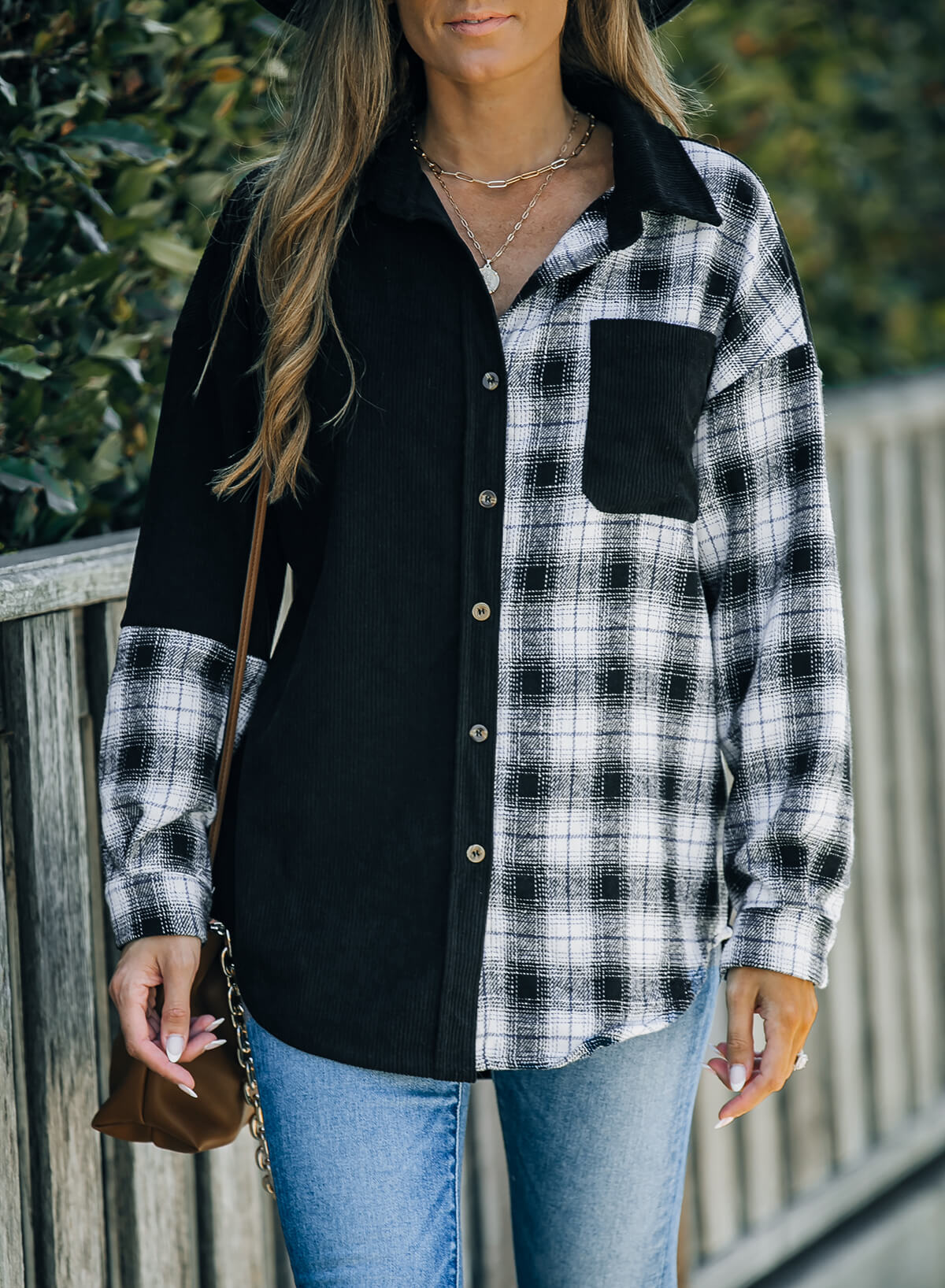 Plaid Color Block Dropped Shoulder Corduroy Shacket The Stout Steer