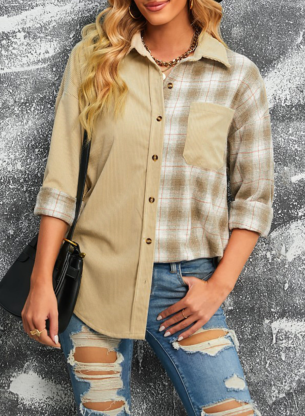 Plaid Color Block Dropped Shoulder Corduroy Shacket The Stout Steer