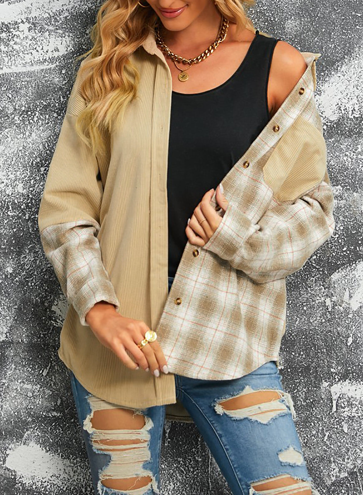 Plaid Color Block Dropped Shoulder Corduroy Shacket The Stout Steer