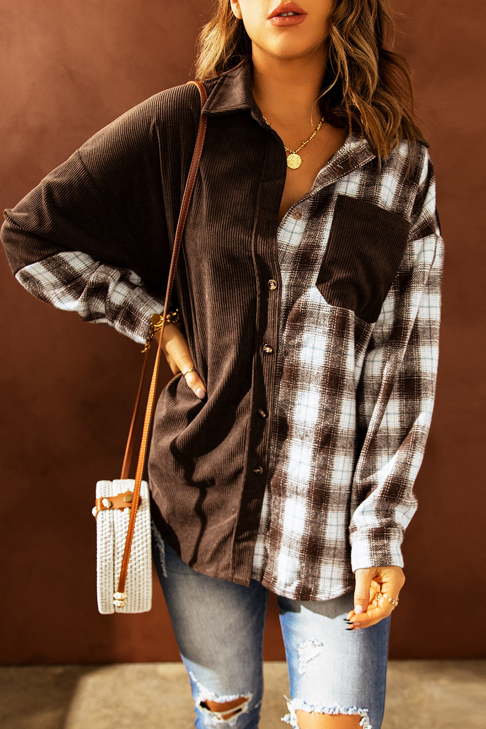 Plaid Color Block Dropped Shoulder Corduroy Shacket The Stout Steer