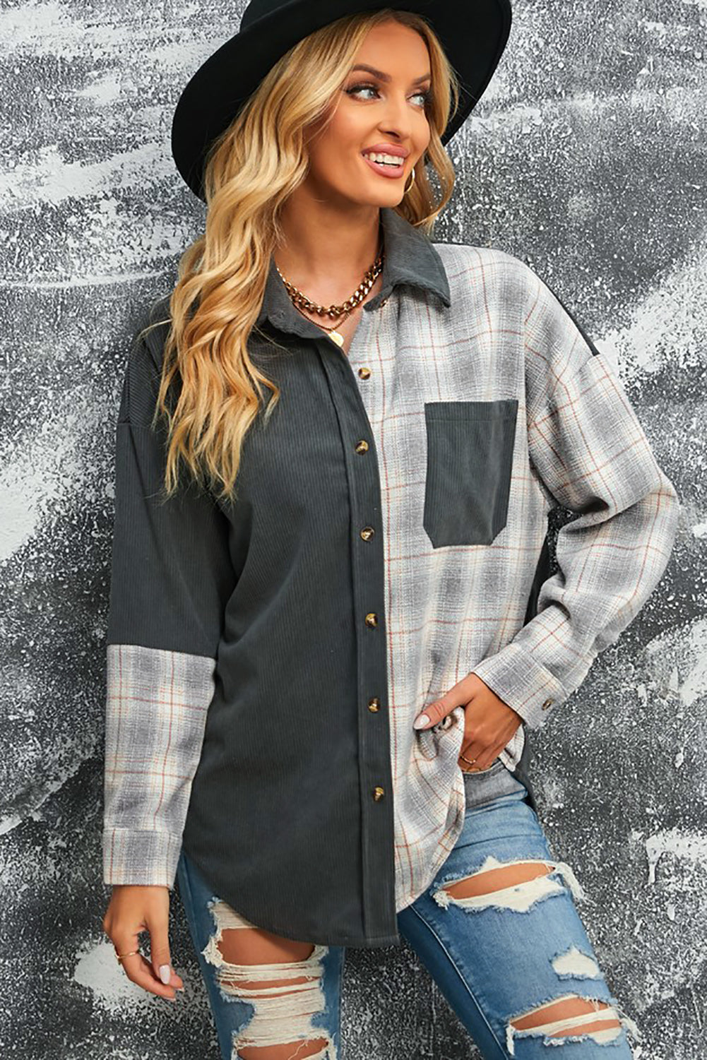 Plaid Color Block Dropped Shoulder Corduroy Shacket The Stout Steer