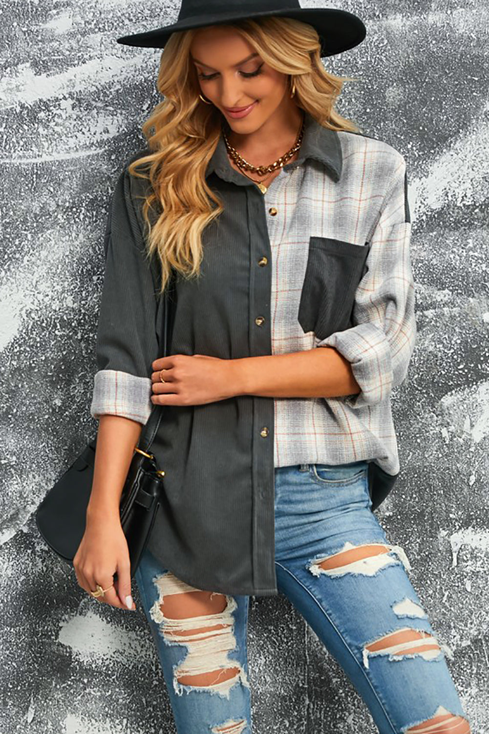 Plaid Color Block Dropped Shoulder Corduroy Shacket The Stout Steer