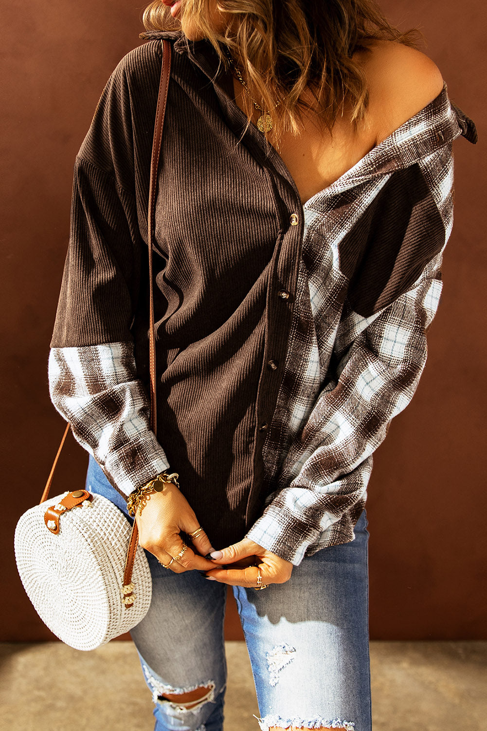 Plaid Color Block Dropped Shoulder Corduroy Shacket The Stout Steer