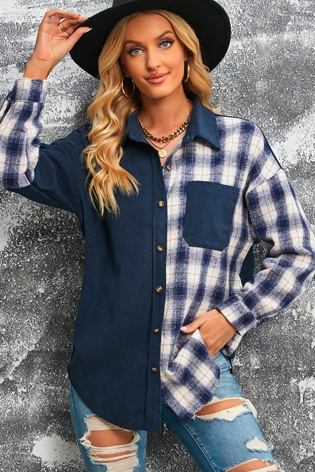 Plaid Color Block Dropped Shoulder Corduroy Shacket The Stout Steer