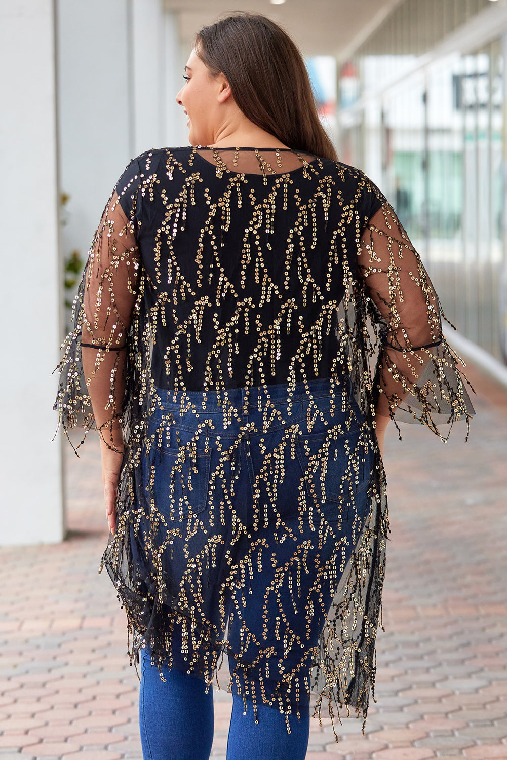Plus Size Contrast Sequin Sheer Mesh Cardigan The Stout Steer