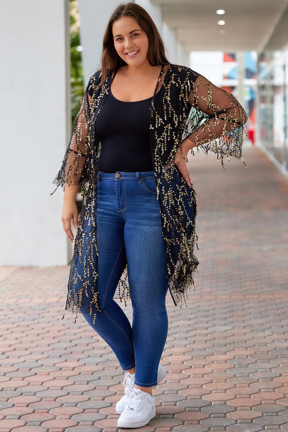 Plus Size Contrast Sequin Sheer Mesh Cardigan The Stout Steer