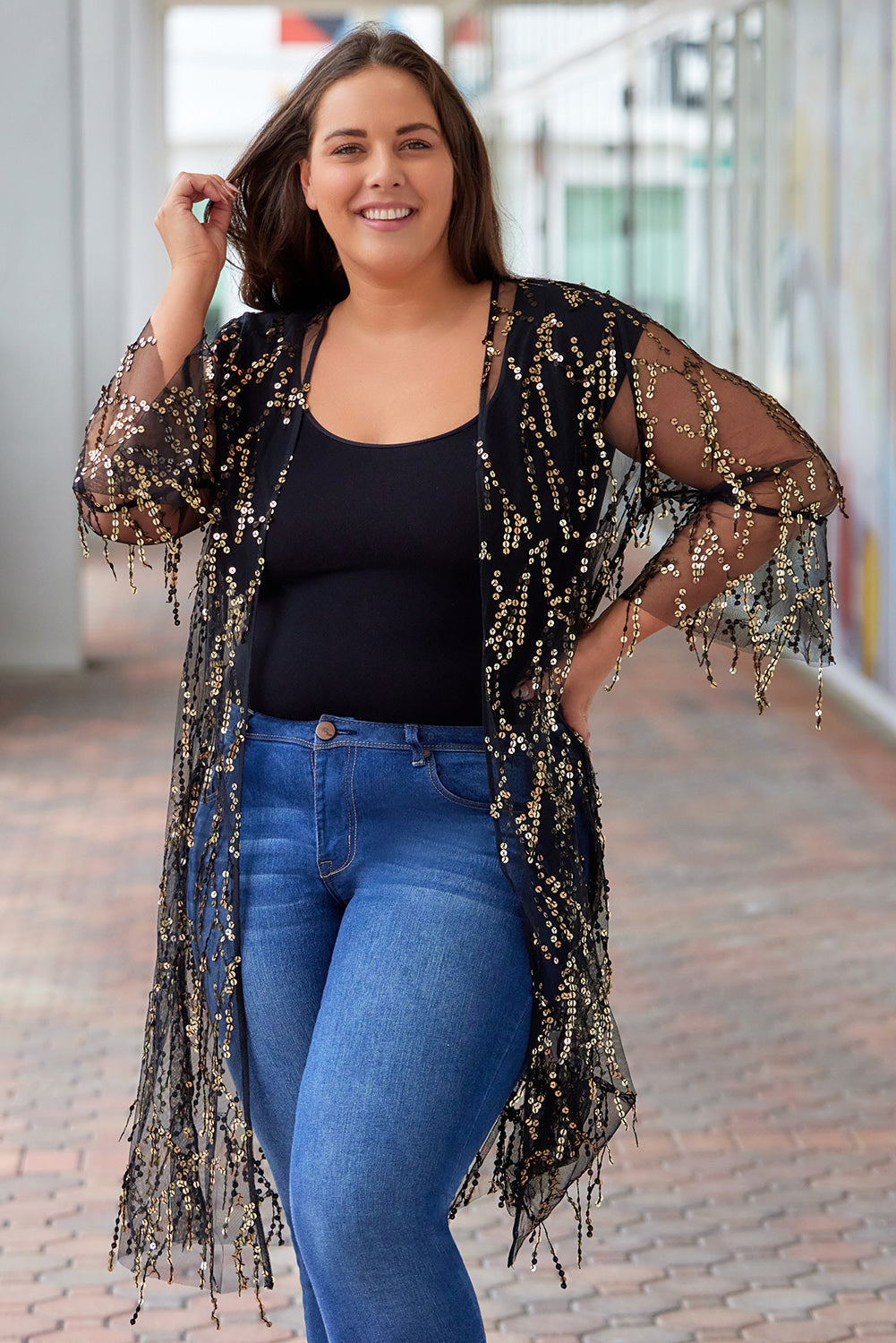 Plus Size Contrast Sequin Sheer Mesh Cardigan The Stout Steer