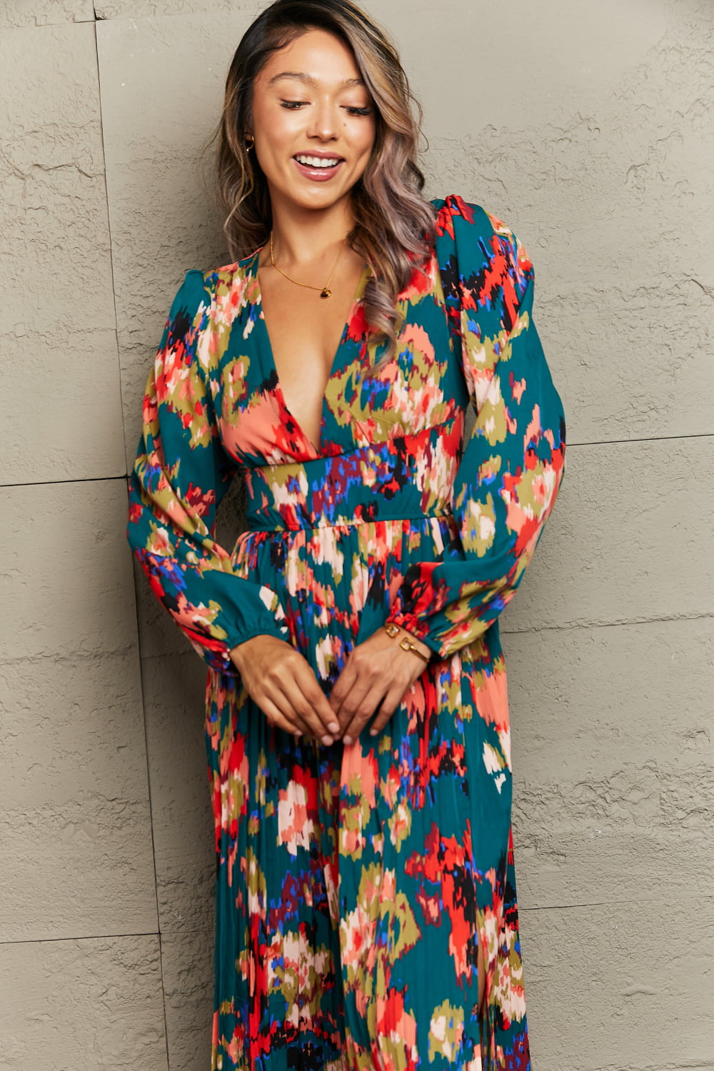 Printed Deep V Slit Pleated Dress The Stout Steer