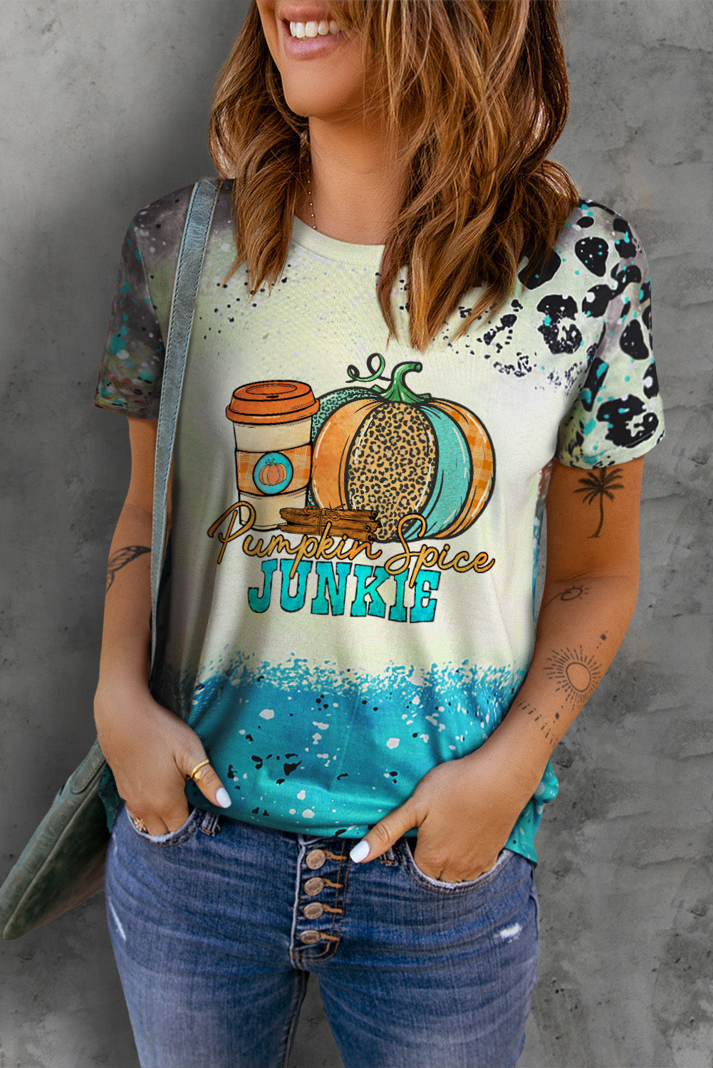 Printed PUMPKIN SPICE JUNKIE Graphic Round Neck Short Sleeve Tee The Stout Steer