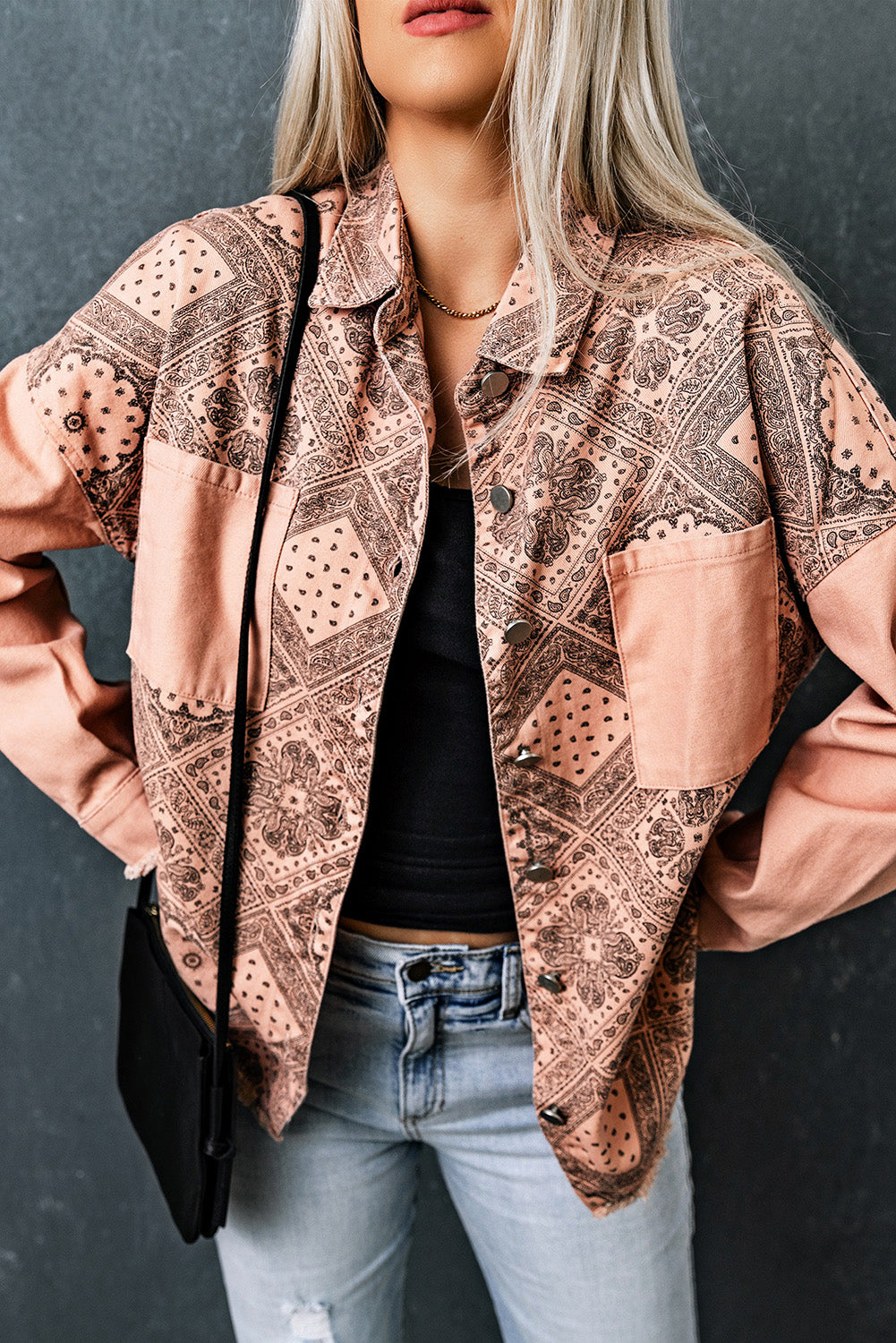 Printed Raw Hem Button Down Jacket with Pockets The Stout Steer