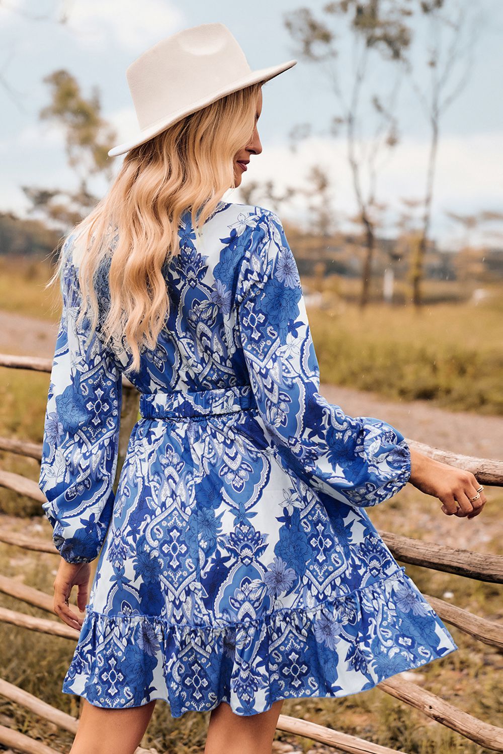 Printed Surplice Neck Long Sleeve Dress The Stout Steer