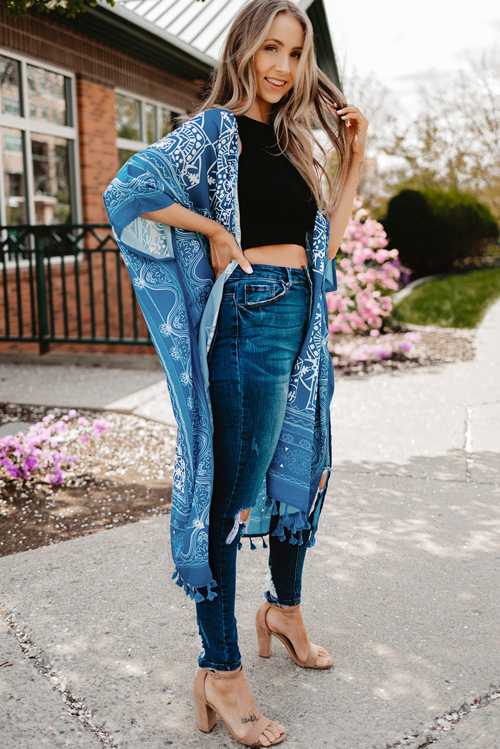 Printed Tassel Trim Open Front Cardigan The Stout Steer