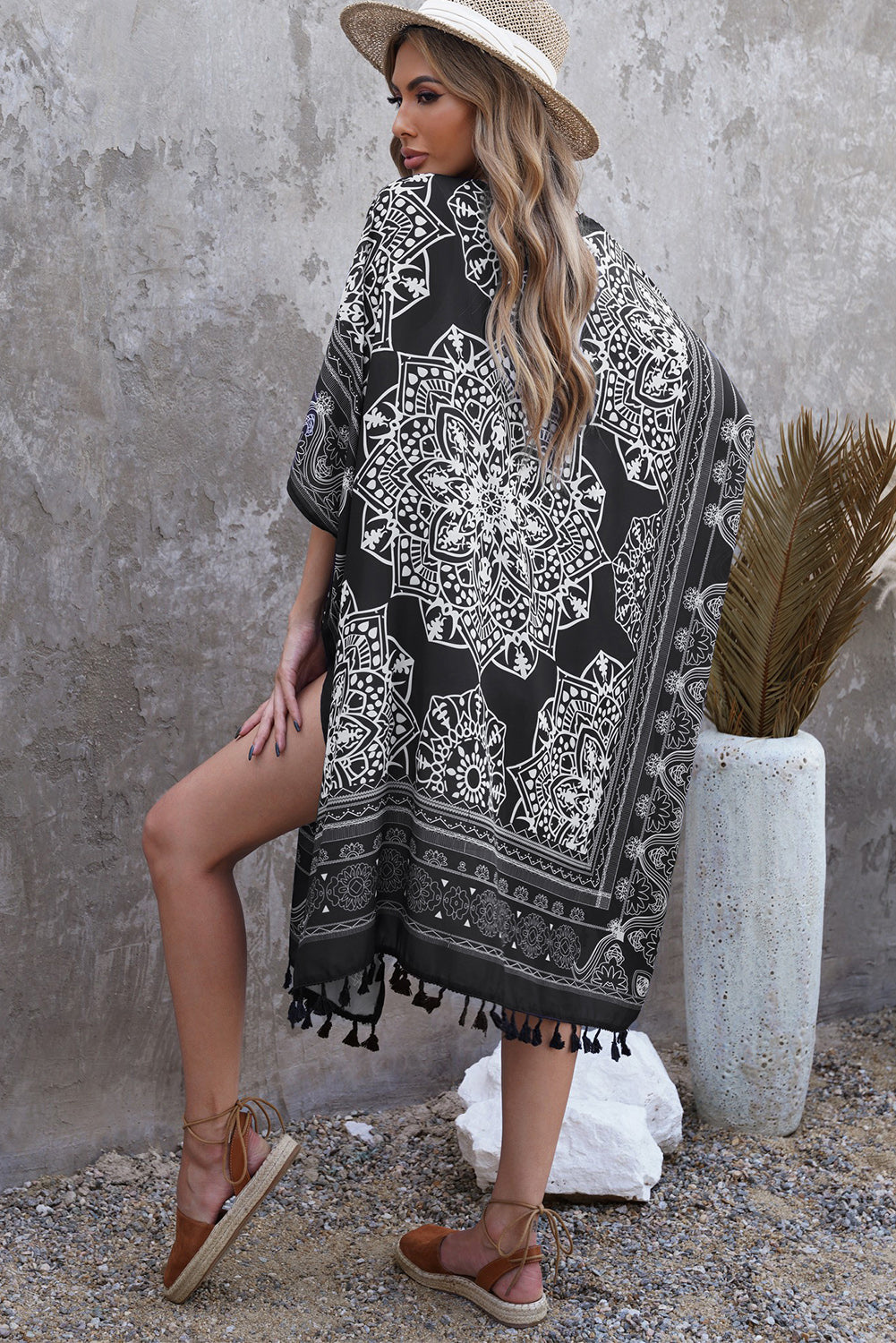 Printed Tassel Trim Open Front Cardigan The Stout Steer