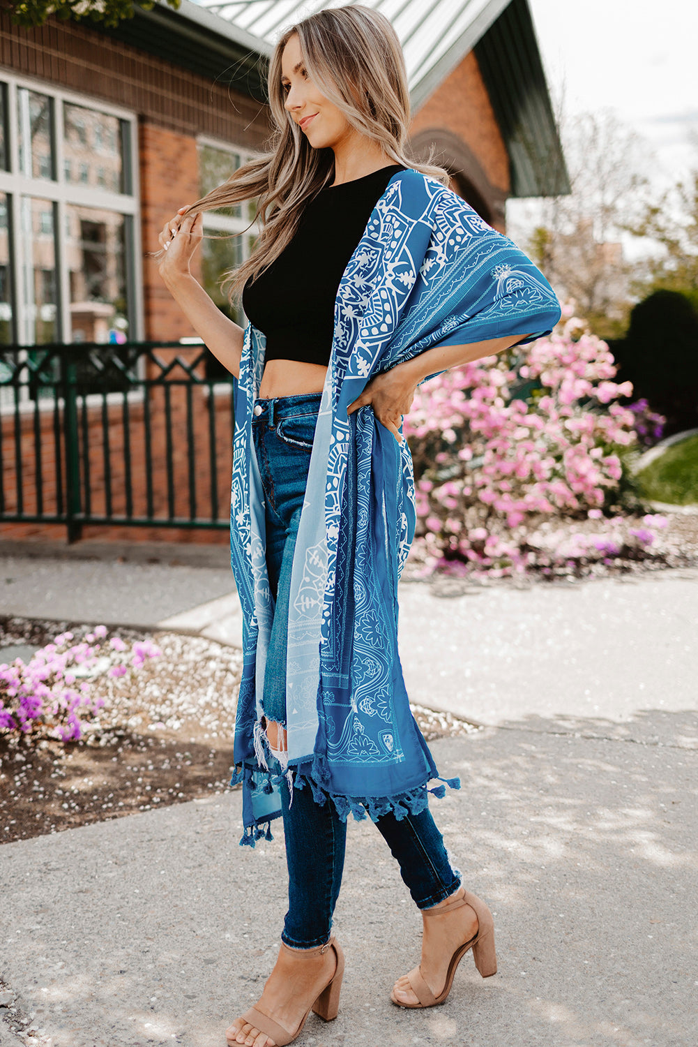 Printed Tassel Trim Open Front Cardigan The Stout Steer