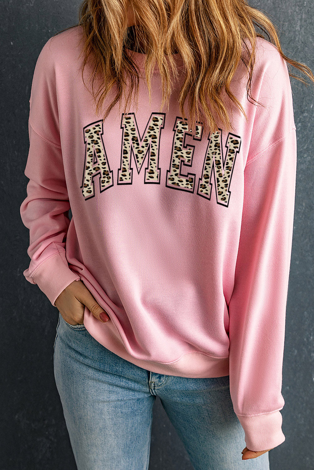 Round Neck Dropped Shoulder AMEN Graphic Sweatshirt The Stout Steer