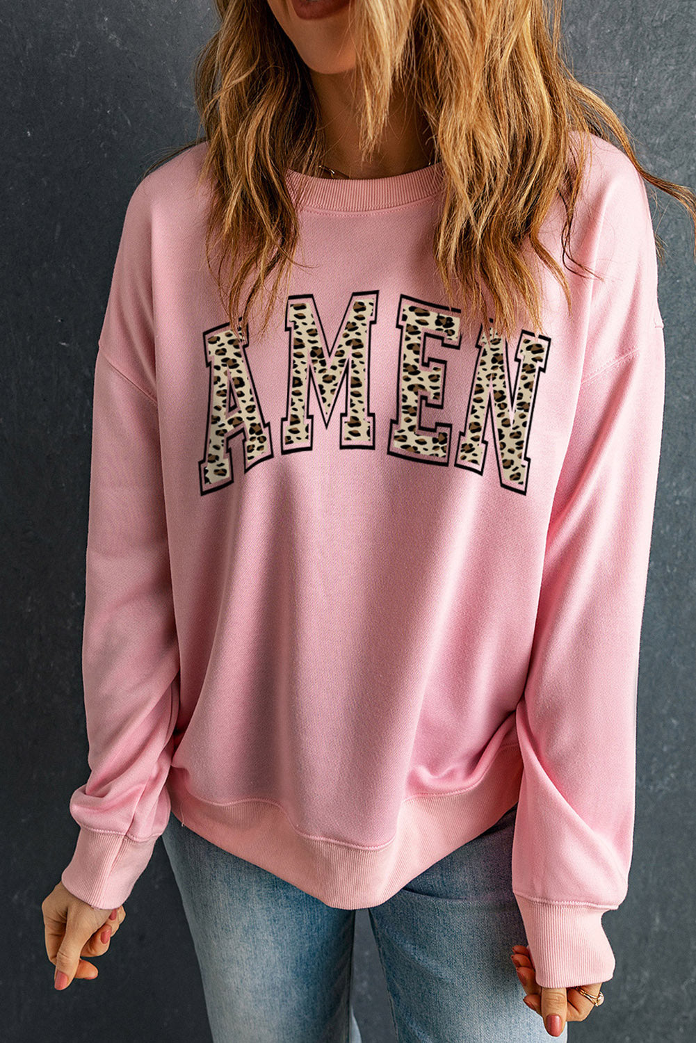 Round Neck Dropped Shoulder AMEN Graphic Sweatshirt The Stout Steer
