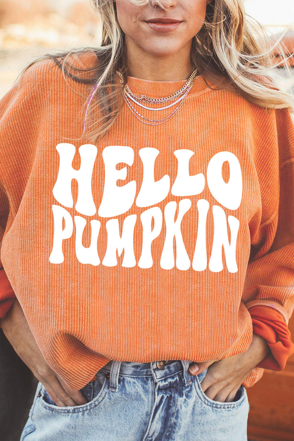 Round Neck Dropped Shoulder HELLO PUMPKIN Graphic Sweatshirt The Stout Steer