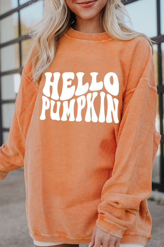 Round Neck Dropped Shoulder HELLO PUMPKIN Graphic Sweatshirt The Stout Steer