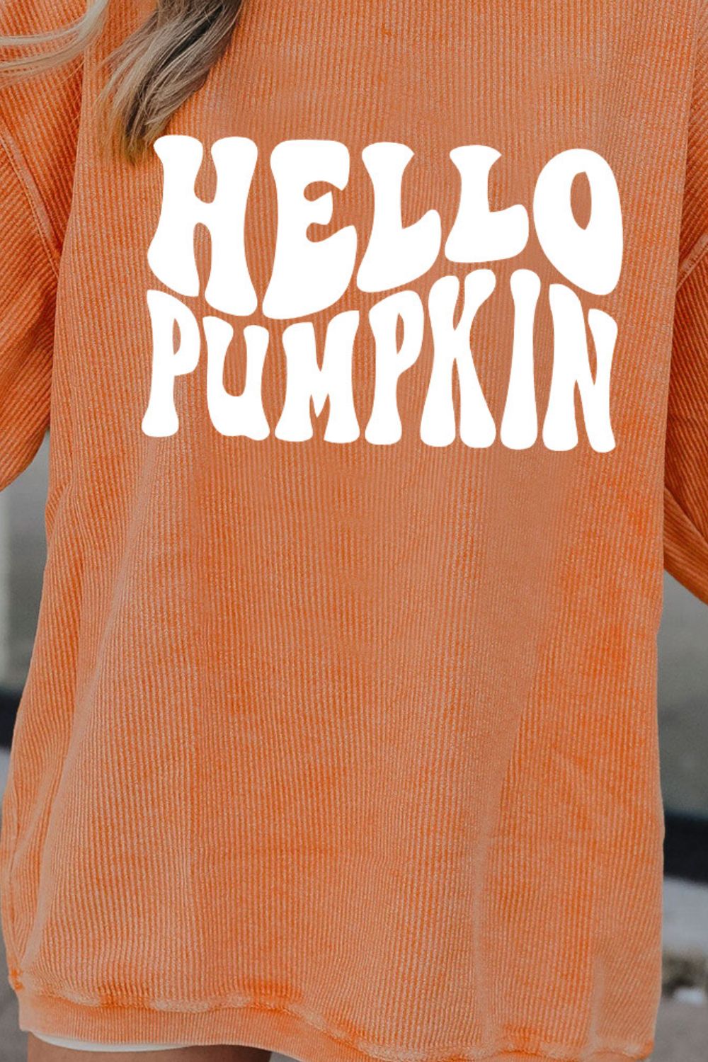 Round Neck Dropped Shoulder HELLO PUMPKIN Graphic Sweatshirt The Stout Steer