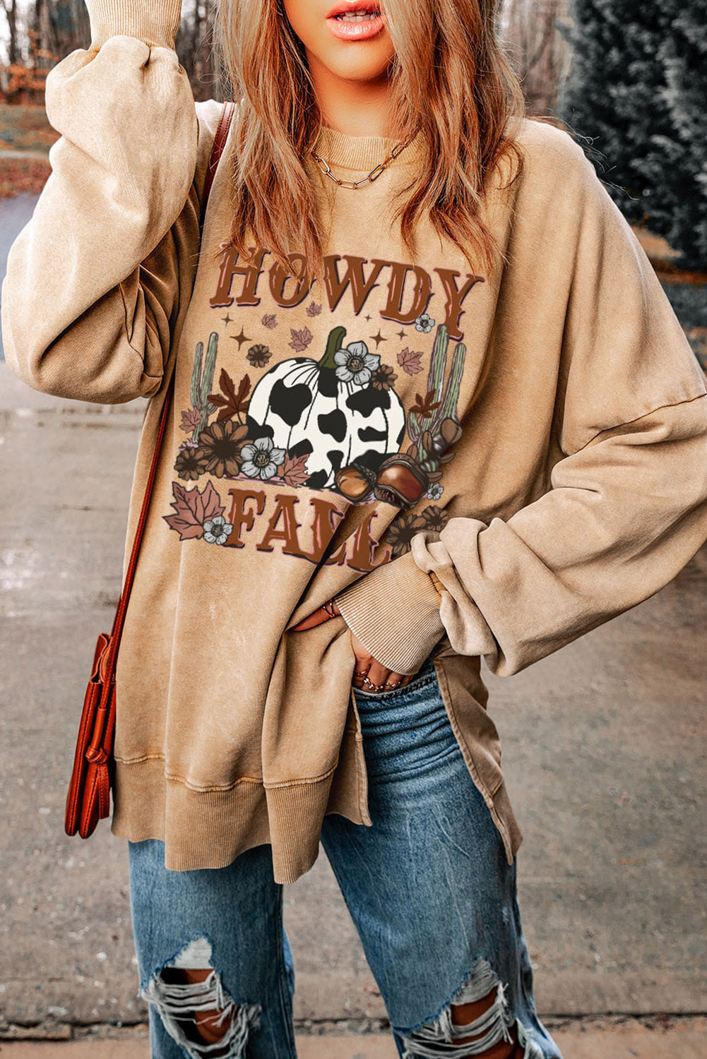 Round Neck Dropped Shoulder HOWDY FALL Graphic Sweatshirt The Stout Steer