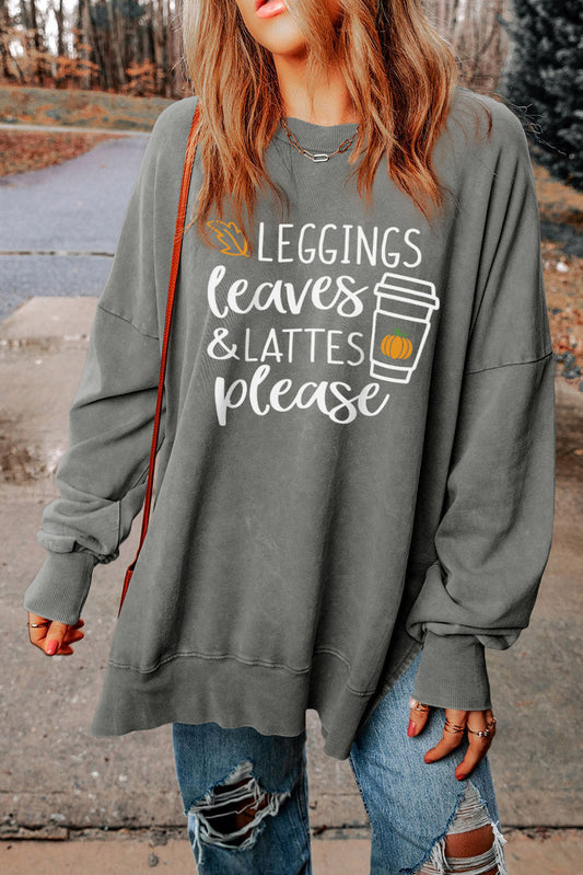 Round Neck Dropped Shoulder LEGGINGS LEAVES LATTES PLEASE Graphic Sweatshirt The Stout Steer
