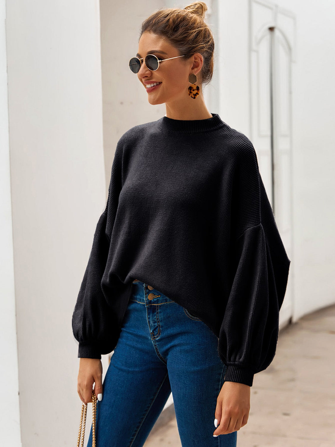 Round Neck Dropped Shoulder Lantern Sleeve Sweater The Stout Steer