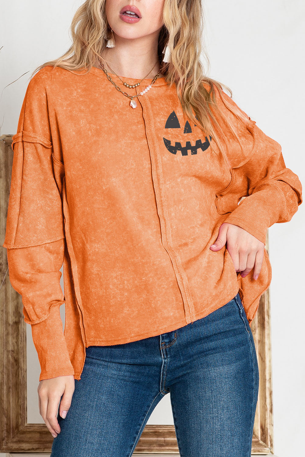 Round Neck Long Sleeve Jack-O'-Lantern Graphic Blouse The Stout Steer
