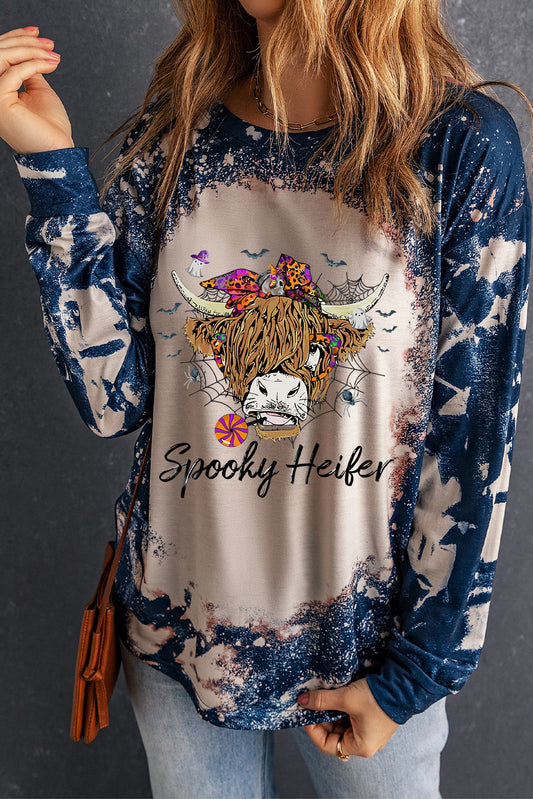 Round Neck Long Sleeve Printed SPOOKY HEIFER Graphic Tee The Stout Steer