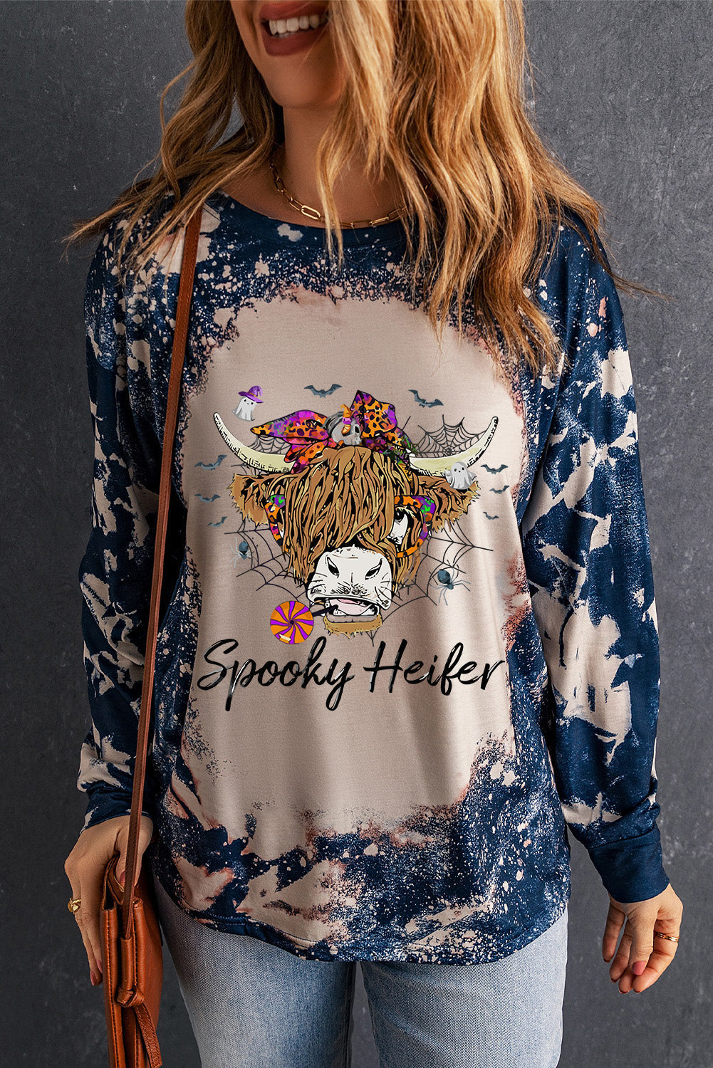 Round Neck Long Sleeve Printed SPOOKY HEIFER Graphic Tee The Stout Steer
