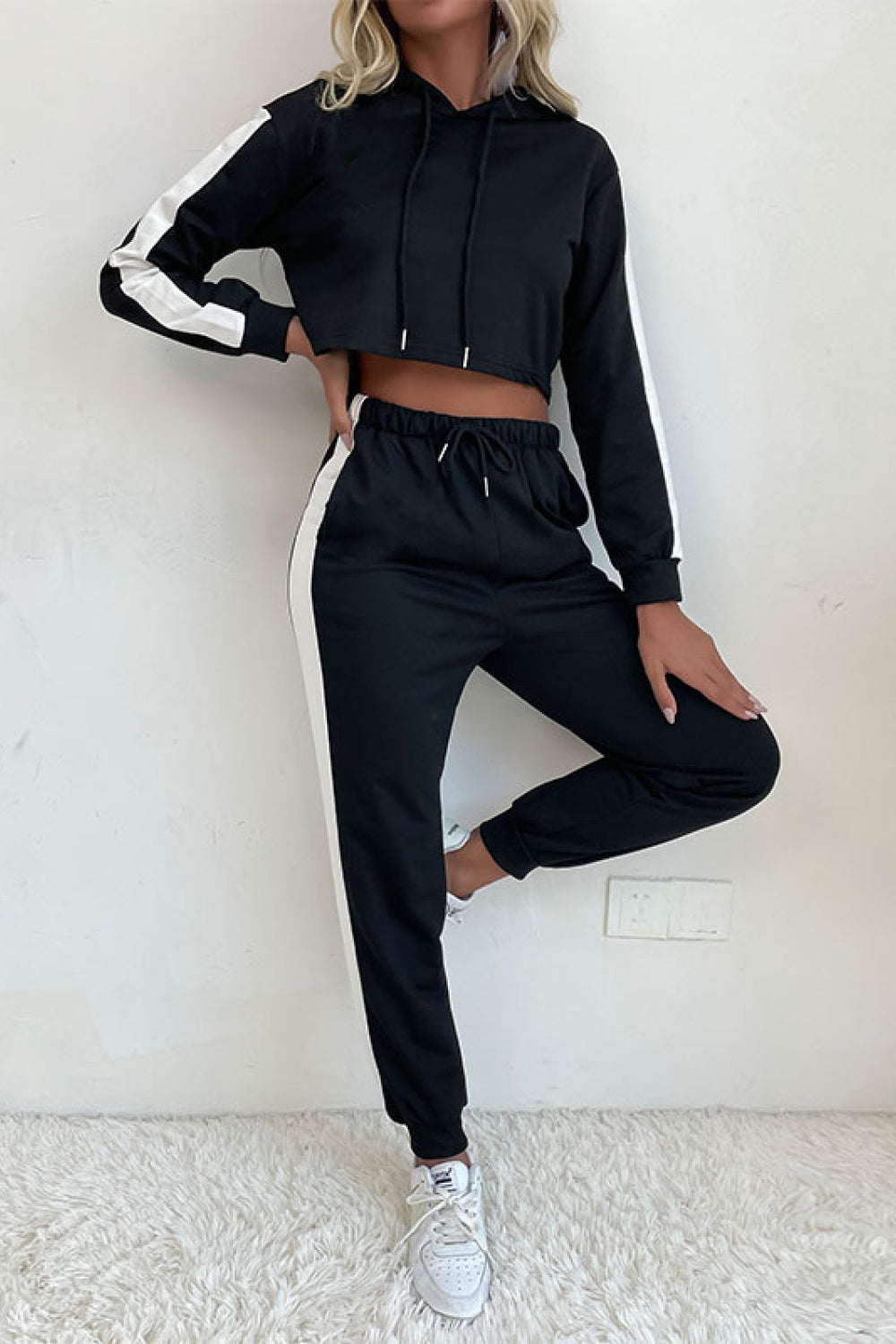 Side Stripe Cropped Hoodie and Jogger Set The Stout Steer