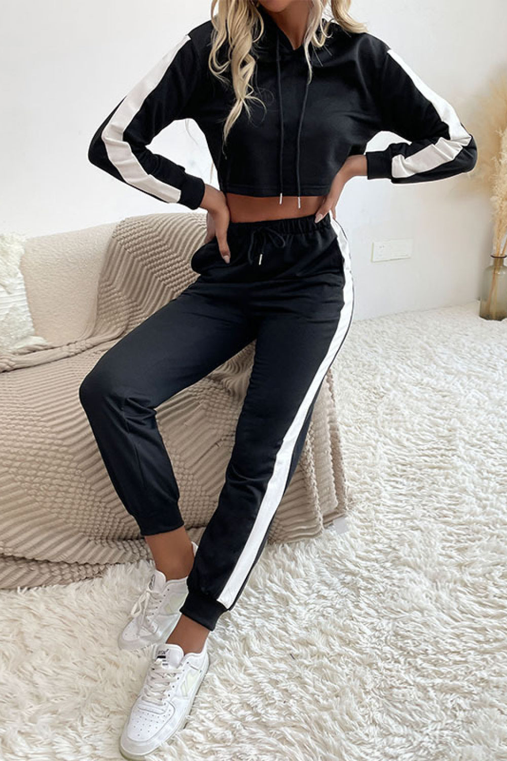 Side Stripe Cropped Hoodie and Jogger Set The Stout Steer