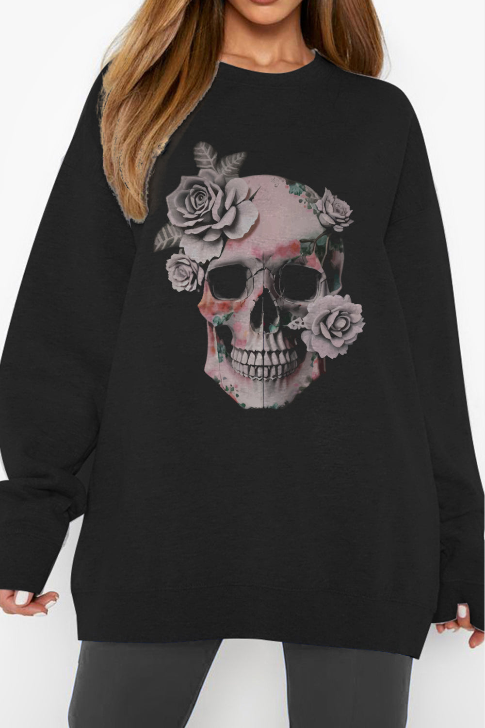 Simply Love Simply Love Full Size Dropped Shoulder SKULL Graphic Sweatshirt The Stout Steer
