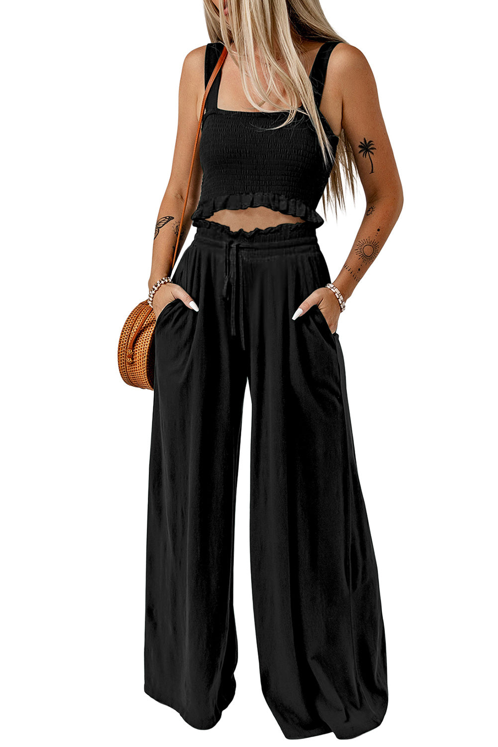 Square Neck Cropped Tank Top and Long Pants Set The Stout Steer