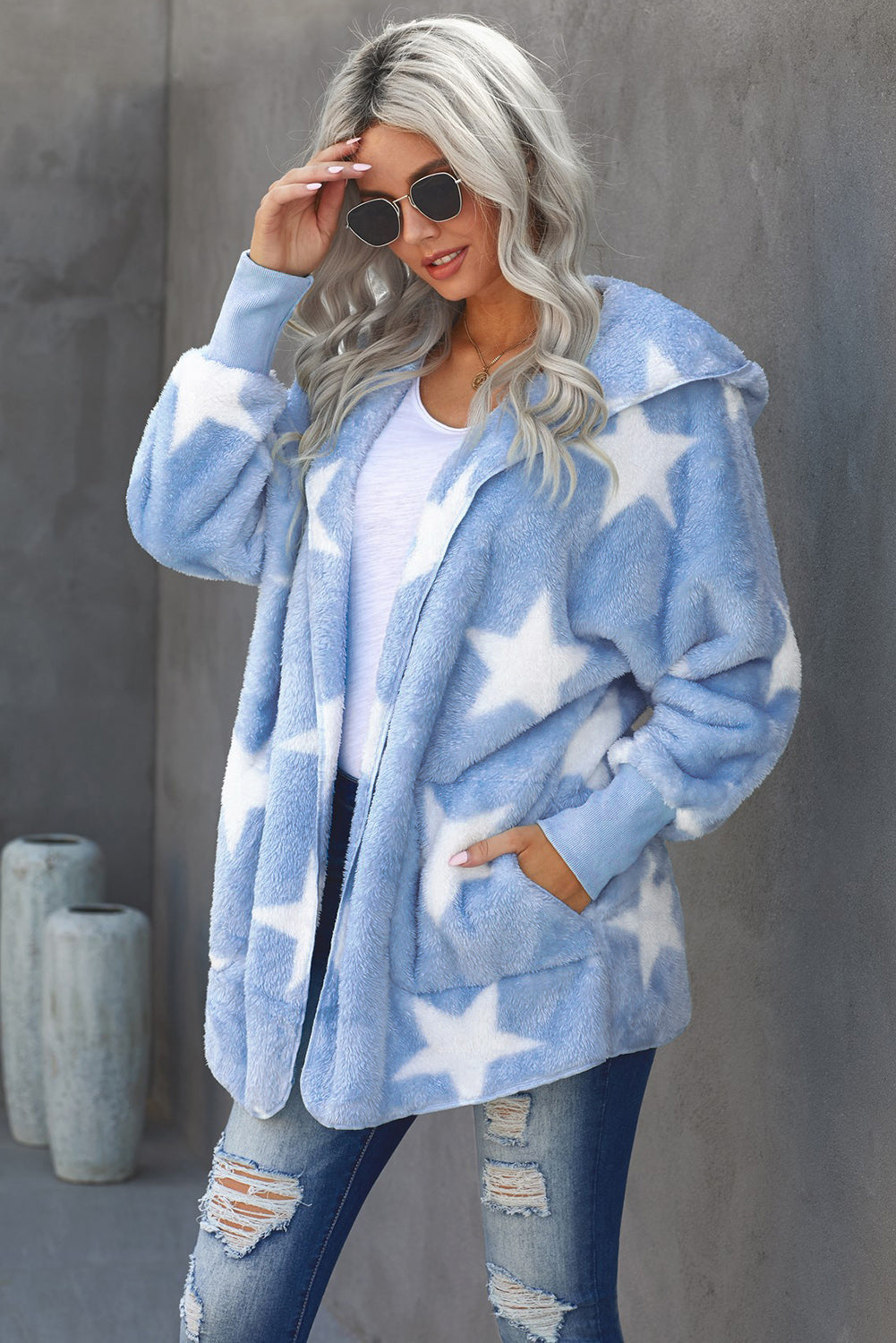 Star Open Front Fuzzy Hooded Jacket with Pockets The Stout Steer