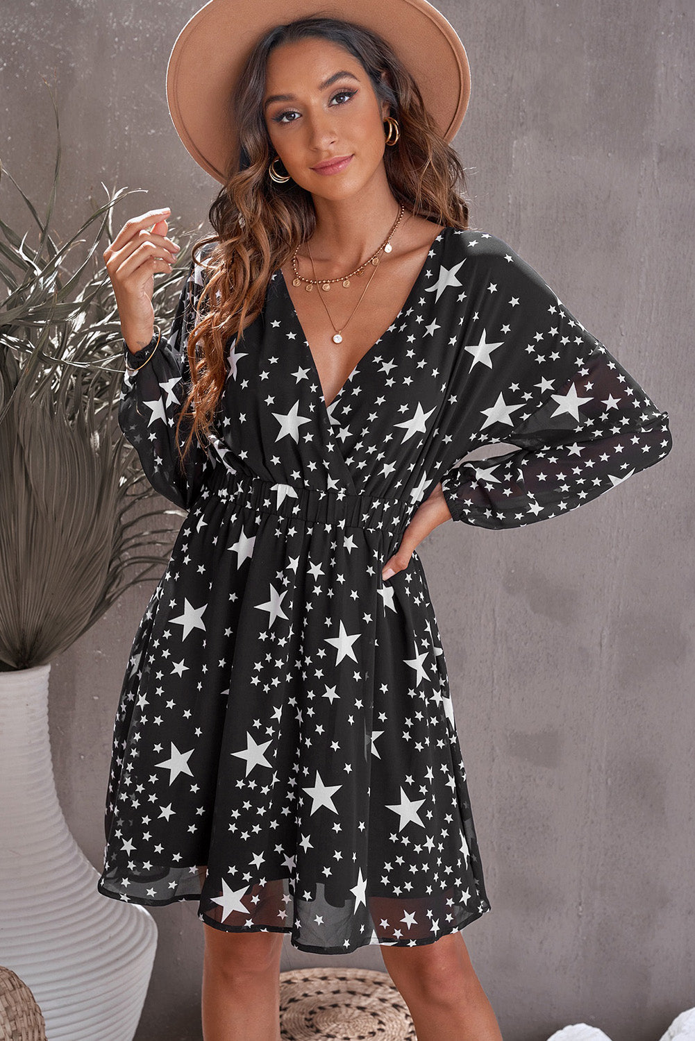 Star Print Dropped Shoulder Surplice Dress The Stout Steer