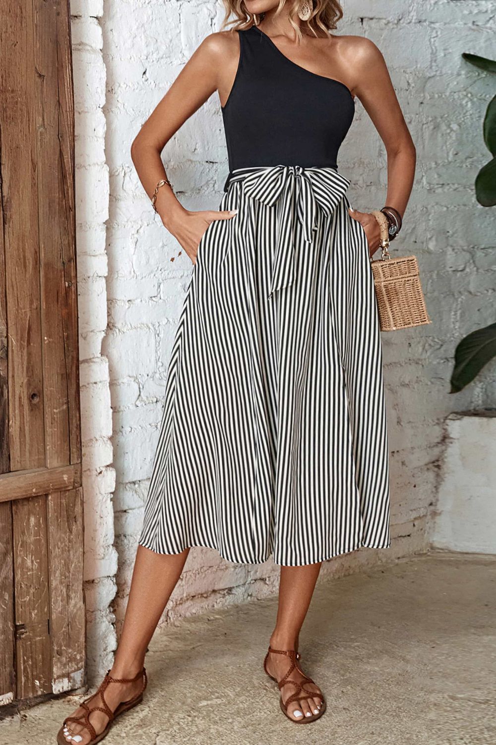 Striped One-Shoulder Slit Dress The Stout Steer