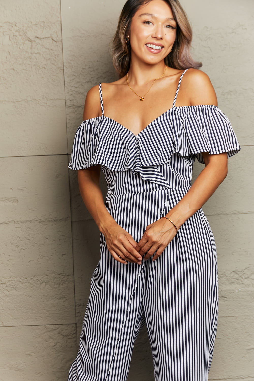 Striped Spaghetti Strap Cold-Shoulder Jumpsuit The Stout Steer