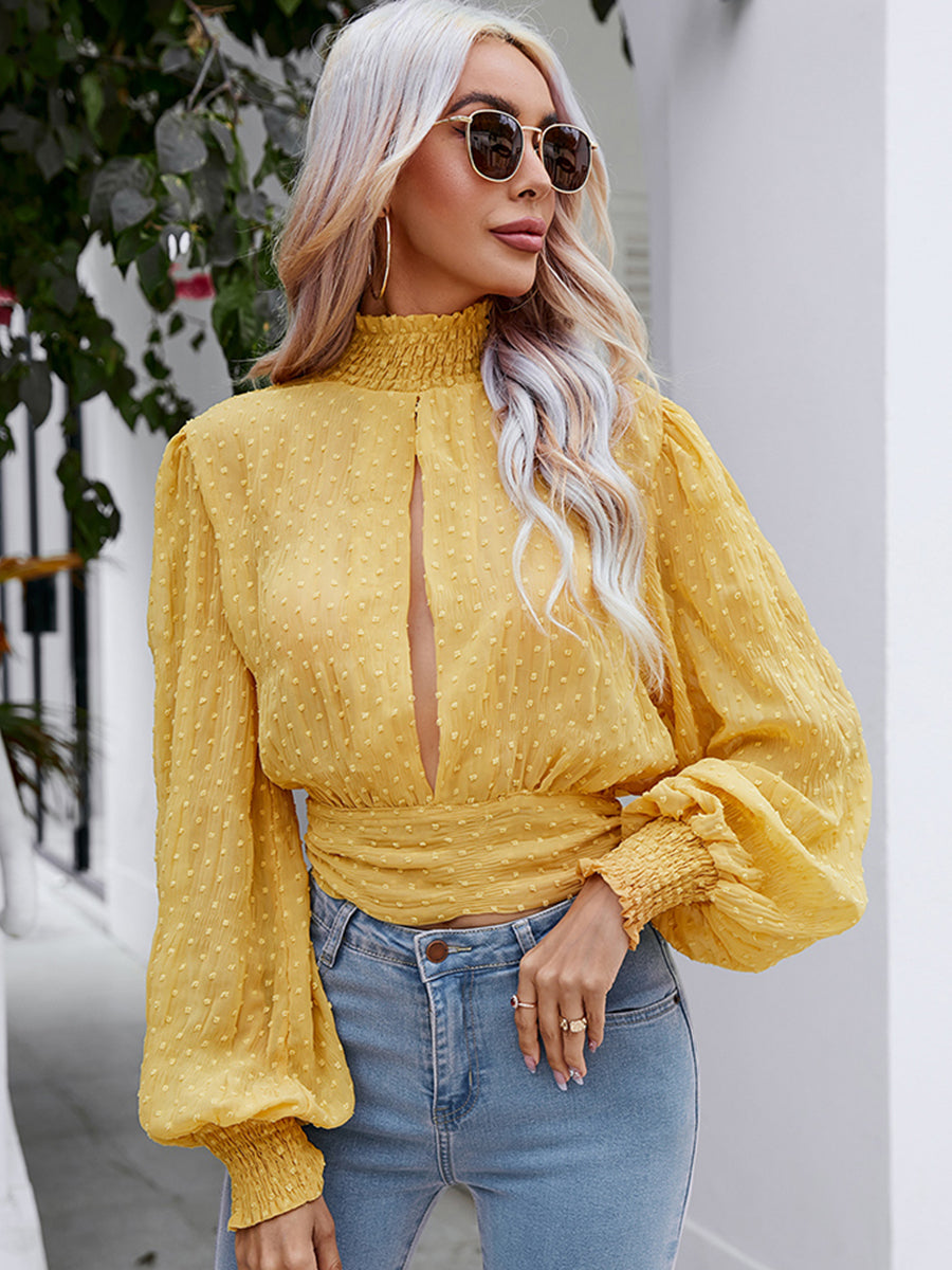 Swiss Dot Cutout Smocked Mock Neck Blouse The Stout Steer