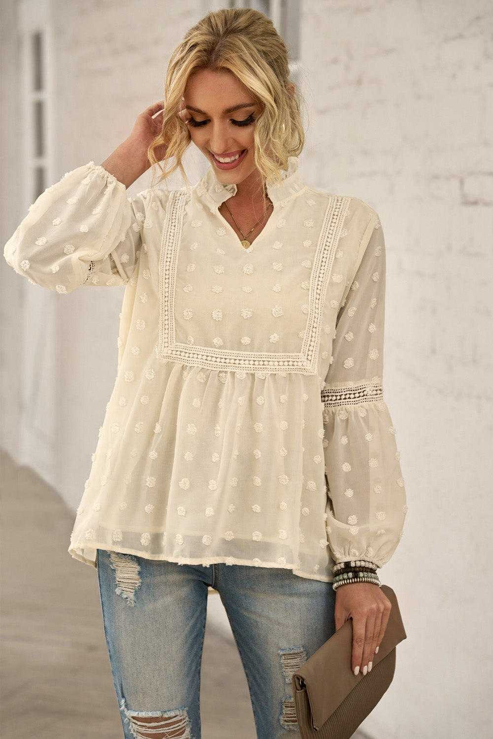 Swiss Dot Frilled Notched Neck Blouse The Stout Steer