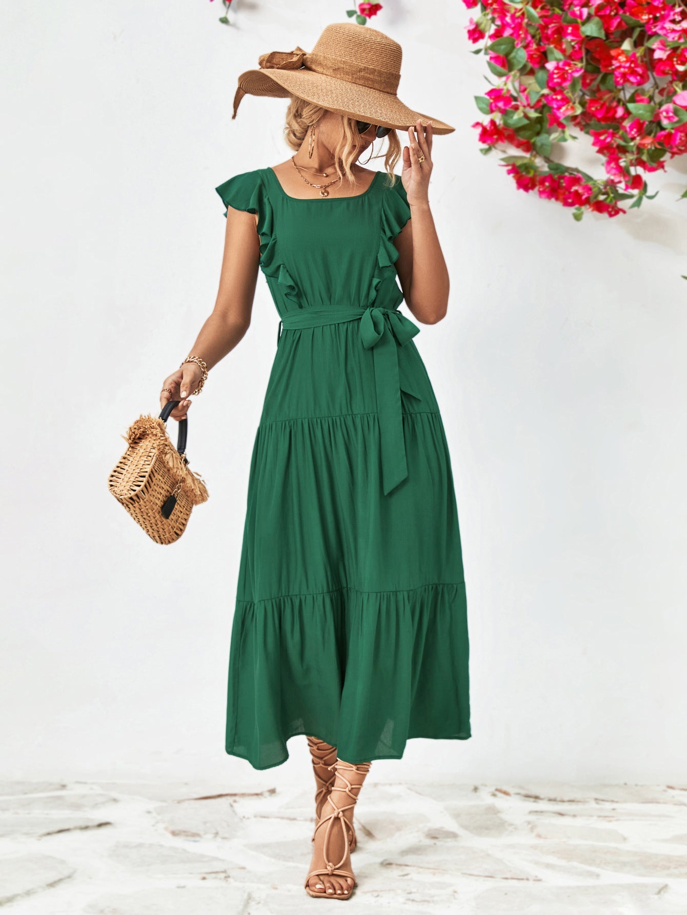 Tie Belt Ruffled Tiered Dress The Stout Steer