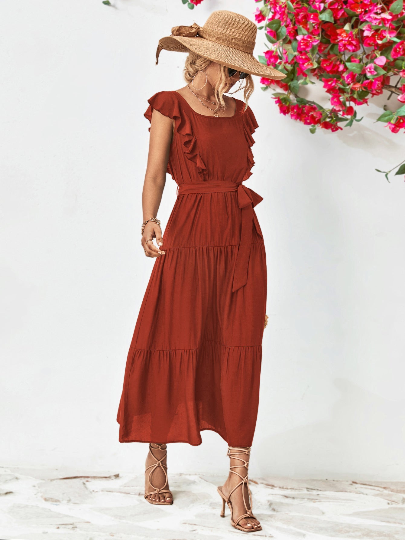Tie Belt Ruffled Tiered Dress The Stout Steer