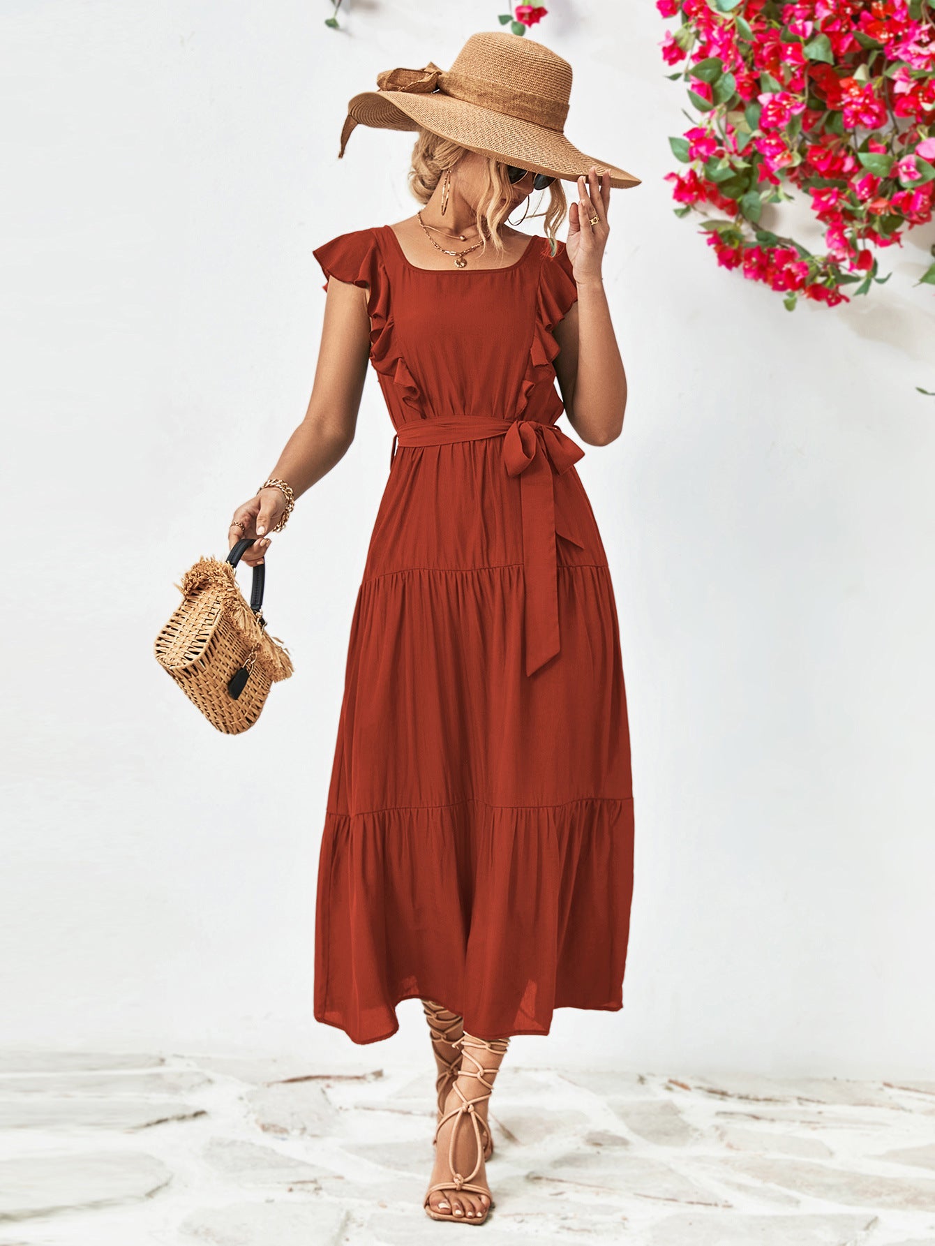 Tie Belt Ruffled Tiered Dress The Stout Steer
