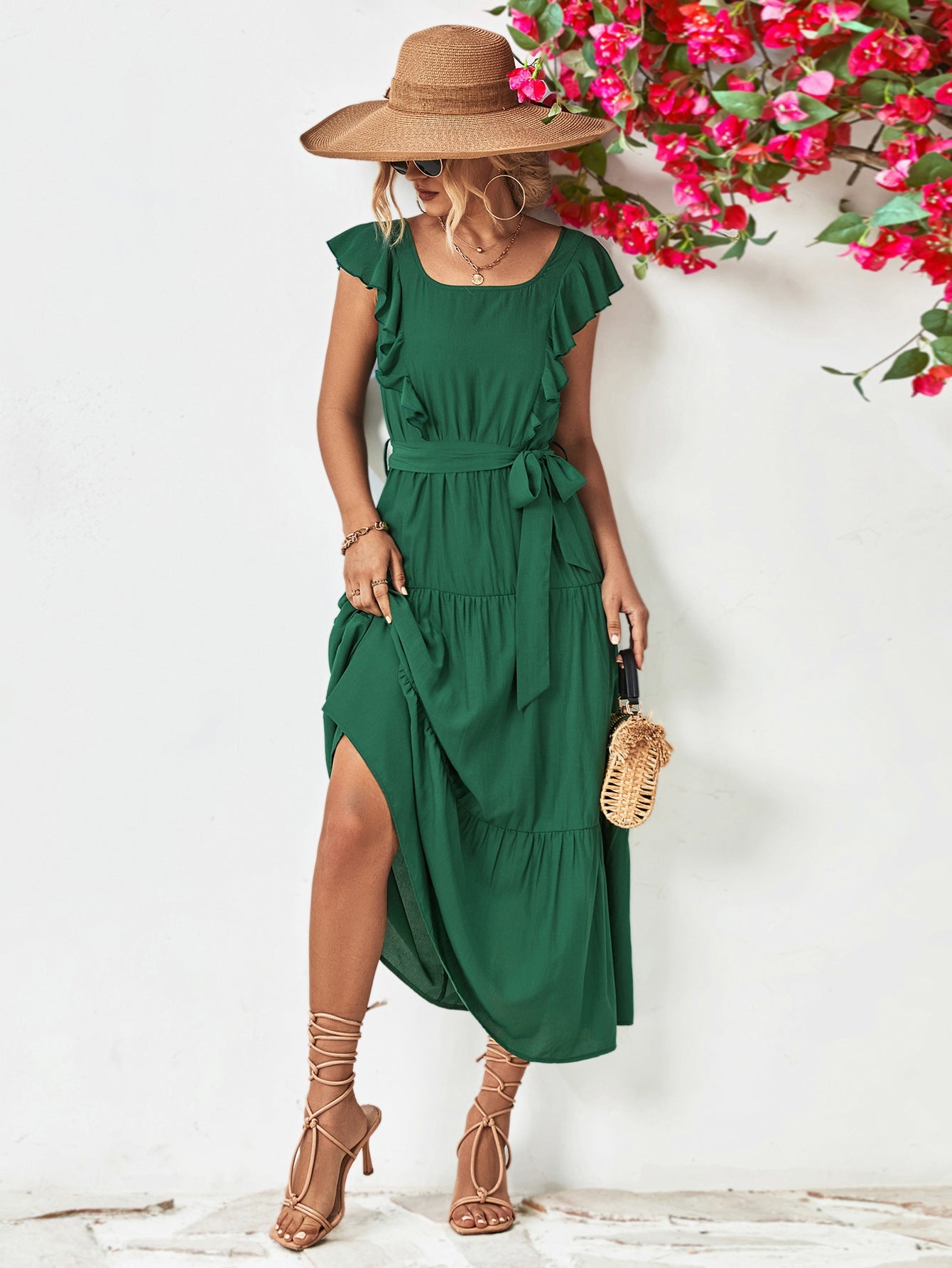 Tie Belt Ruffled Tiered Dress The Stout Steer