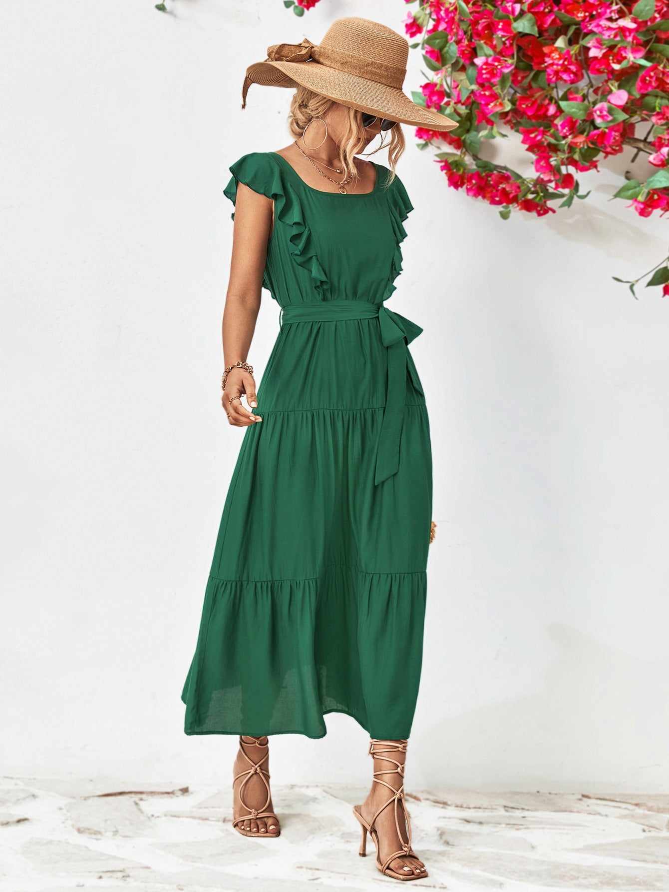 Tie Belt Ruffled Tiered Dress The Stout Steer