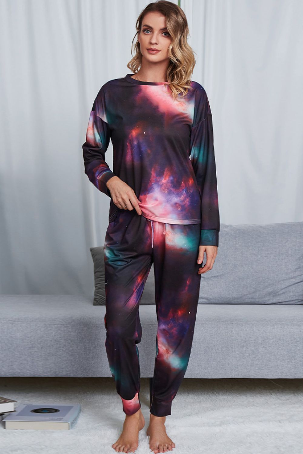 Tie-Dye Crewneck Top and Drawstring Waist Joggers Lounge Set The Stout Steer