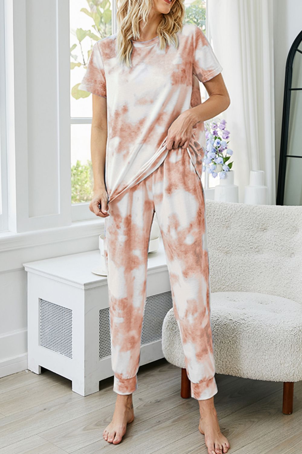 Tie-Dye Round Neck Short Sleeve Top and Pants Lounge Set The Stout Steer