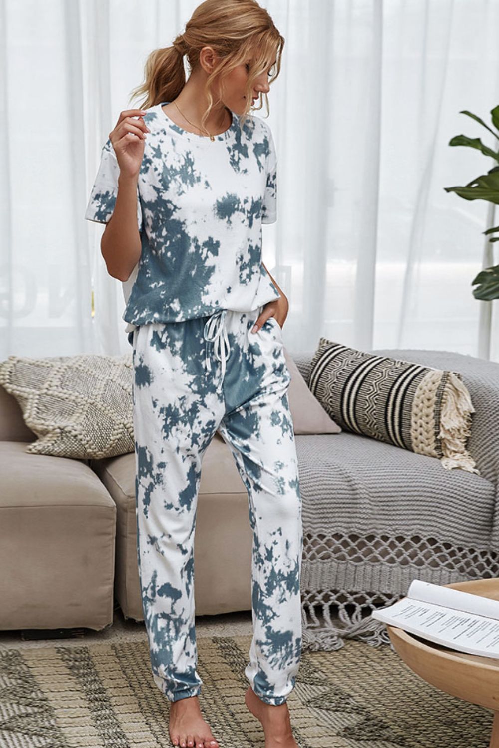 Tie-Dye Tee and Drawstring Waist Joggers Lounge Set The Stout Steer