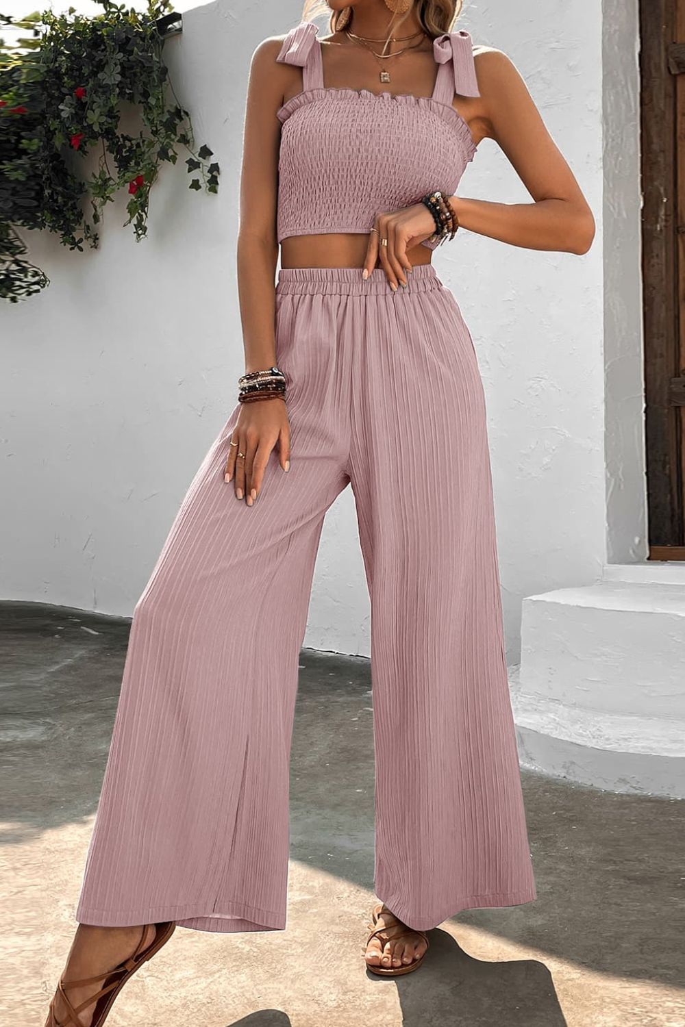 Tie Shoulder Smocked Crop Top and Wide Leg Pants Set The Stout Steer