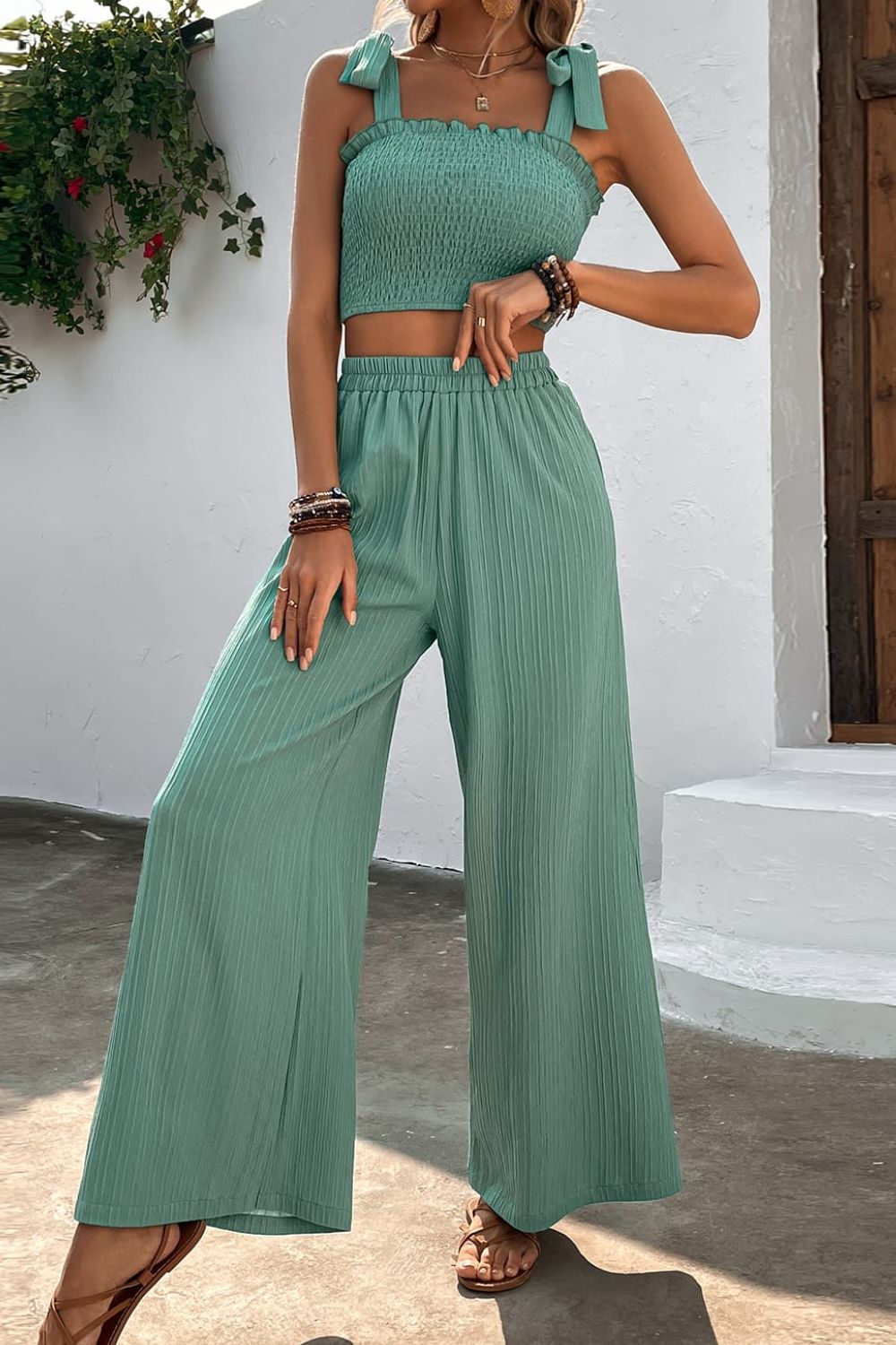 Tie Shoulder Smocked Crop Top and Wide Leg Pants Set The Stout Steer