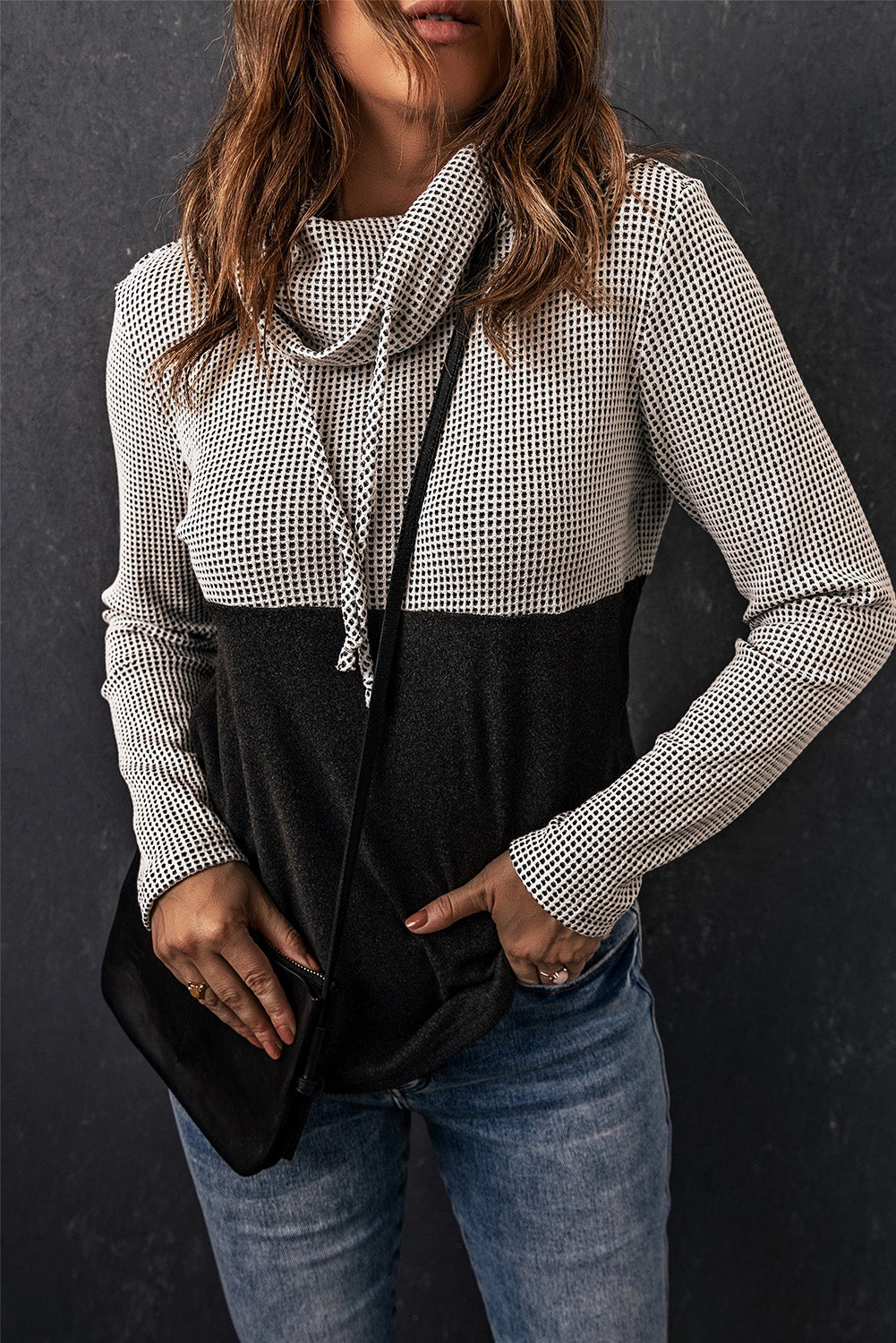 Two-Tone Waffle-Knit Drawstring Cowl Neck Sweatshirt The Stout Steer